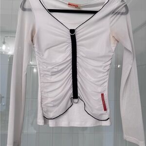 Prada Style White Mesh Ruched Long Sleeve Top Black Trim M Read